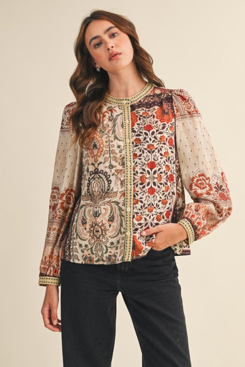 Multi Patchwork Print Button Down Blouse