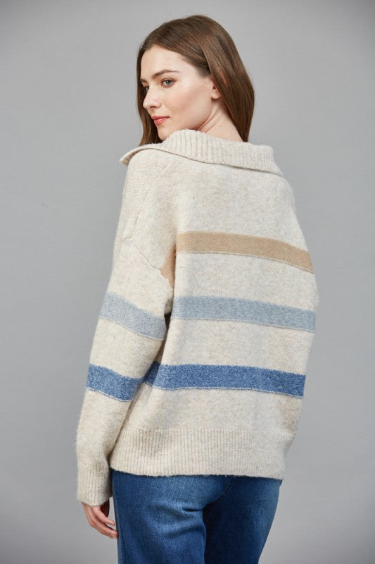 Oatmeal Multi Striped Collared V Sweater