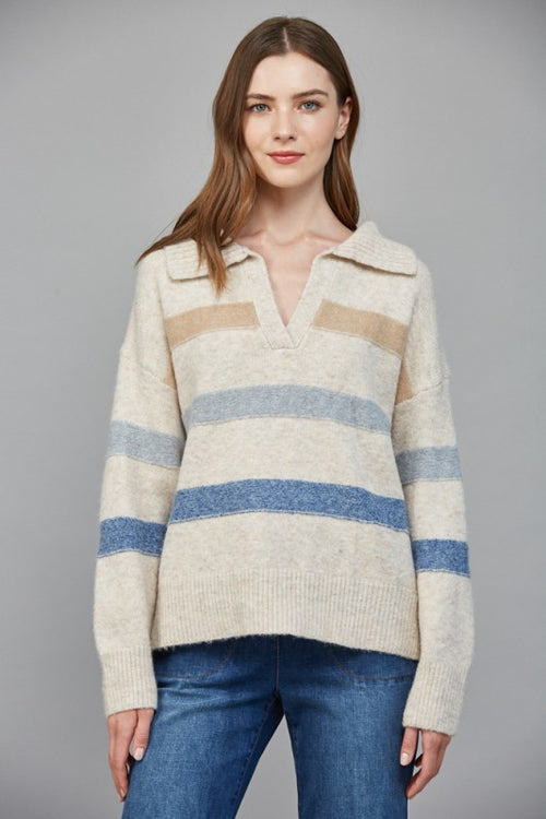 Oatmeal Multi Striped Collared V Sweater