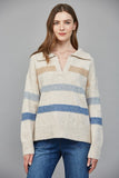 Oatmeal Multi Striped Collared V Sweater