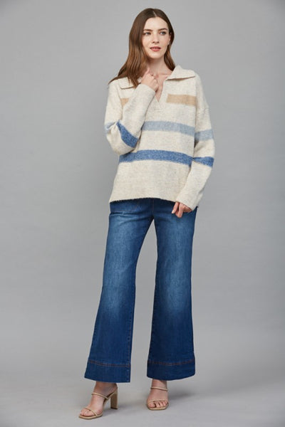 Oatmeal Multi Striped Collared V Sweater