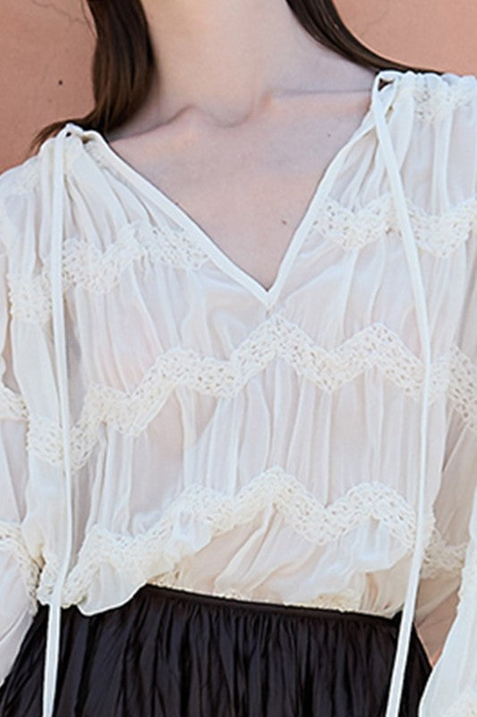 Ivory Zigzag Lace Sheer Blouse