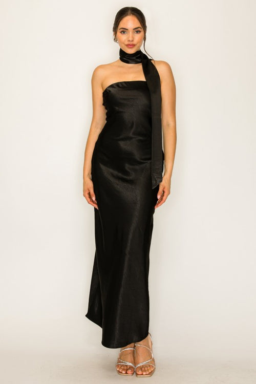 Black Off-Shoulder Neck Tie Dress