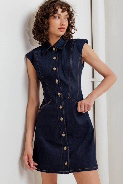 Dark Denim Button Down Collared Dress