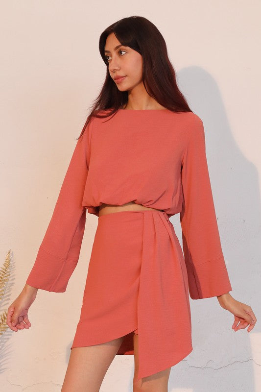 Coral Crepe Side Drape Skirt