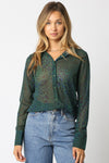 Green Leopard Print Sheer Long Sleeve Blouse