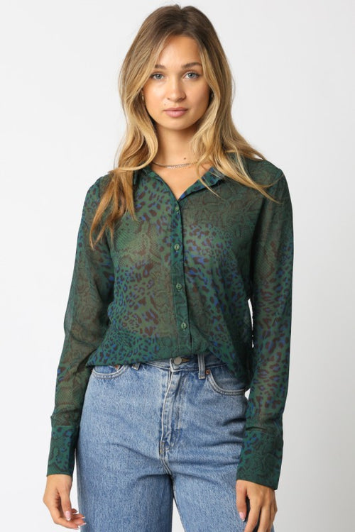 Green Leopard Print Sheer Long Sleeve Blouse