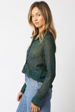 Green Leopard Print Sheer Long Sleeve Blouse
