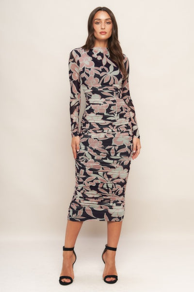 Black Floral Print Mesh Midi Dress