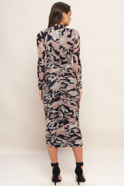 Black Floral Print Mesh Midi Dress