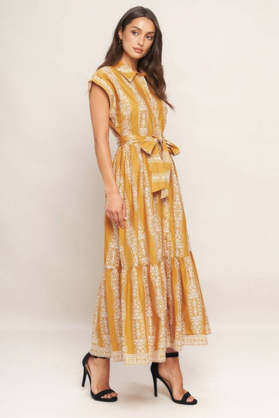 Mustard Woven Printed Midi Dress