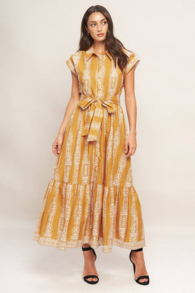 Mustard Woven Printed Midi Dress