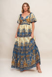 Ivory and Navy Printed Woven Maxi Dress