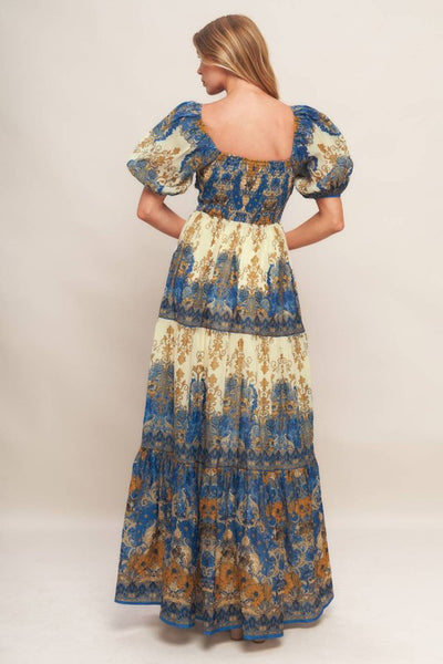 Ivory and Navy Printed Woven Maxi Dress