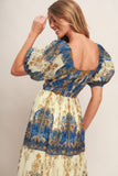Ivory and Navy Printed Woven Maxi Dress
