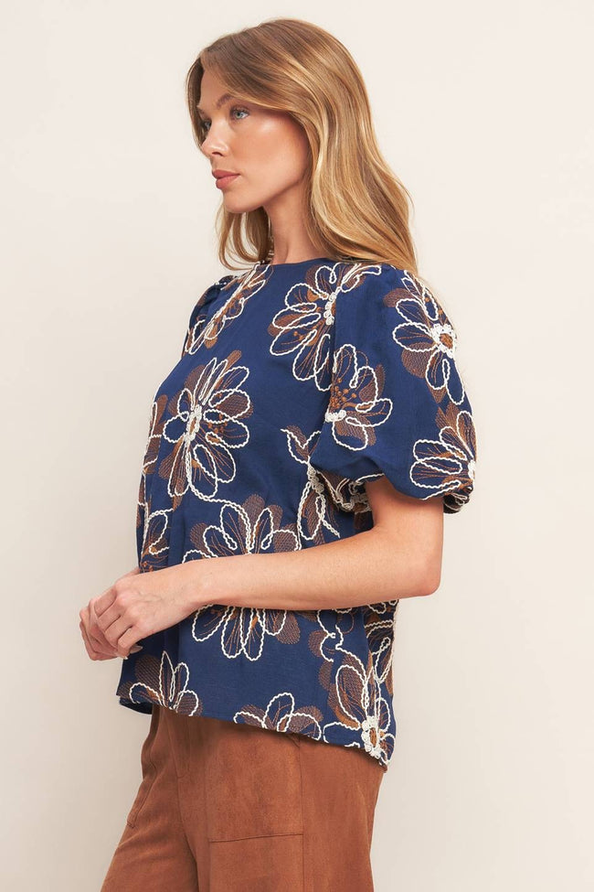 Navy Floral Puff Sleeve Blouse