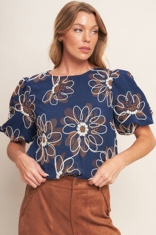 Navy Floral Puff Sleeve Blouse