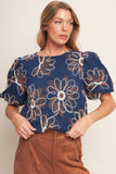 Navy Floral Puff Sleeve Blouse