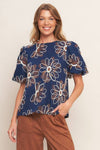 Navy Floral Puff Sleeve Blouse