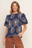 Navy Floral Puff Sleeve Blouse