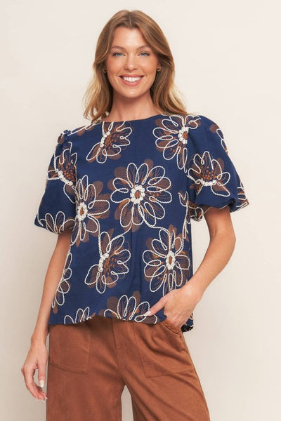 Navy Floral Puff Sleeve Blouse