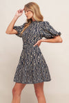 Navy Printed Puff Sleeve Woven Mini Dress