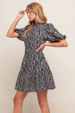 Navy Printed Puff Sleeve Woven Mini Dress