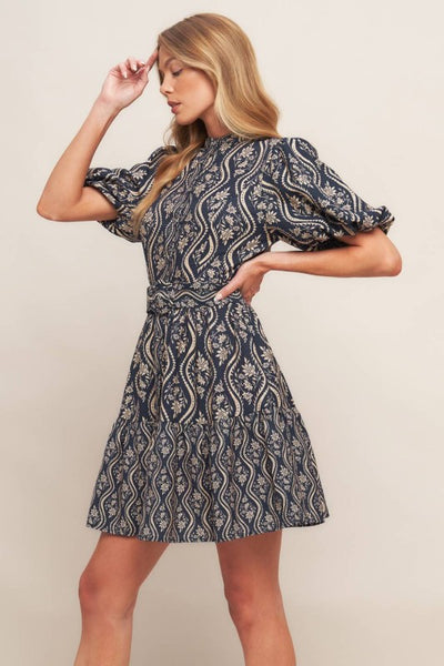 Navy Printed Puff Sleeve Woven Mini Dress