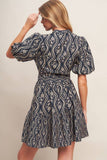 Navy Printed Puff Sleeve Woven Mini Dress