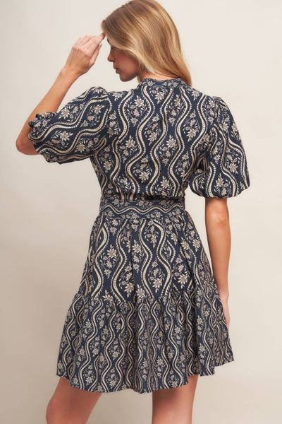 Navy Printed Puff Sleeve Woven Mini Dress