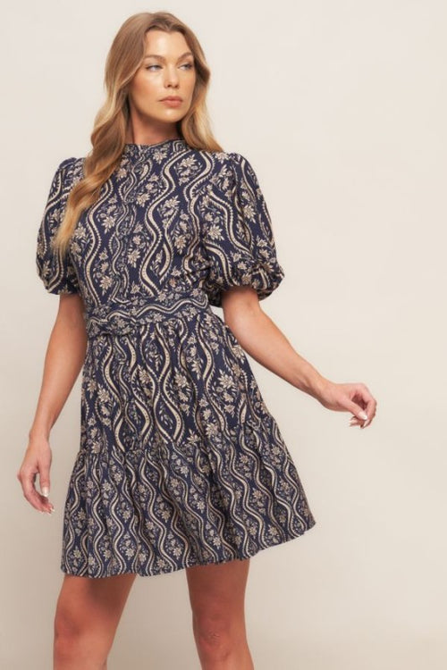 Navy Printed Puff Sleeve Woven Mini Dress