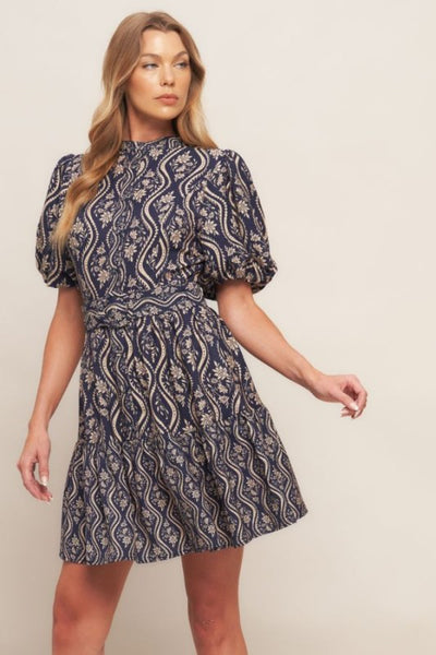 Navy Printed Puff Sleeve Woven Mini Dress