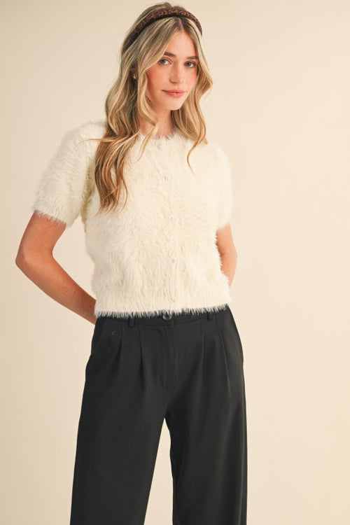 Cream Fuzzy Short Sleeve Cardigan