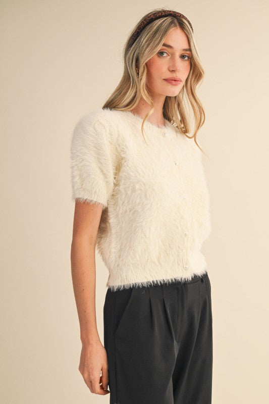 Cream Fuzzy Short Sleeve Cardigan