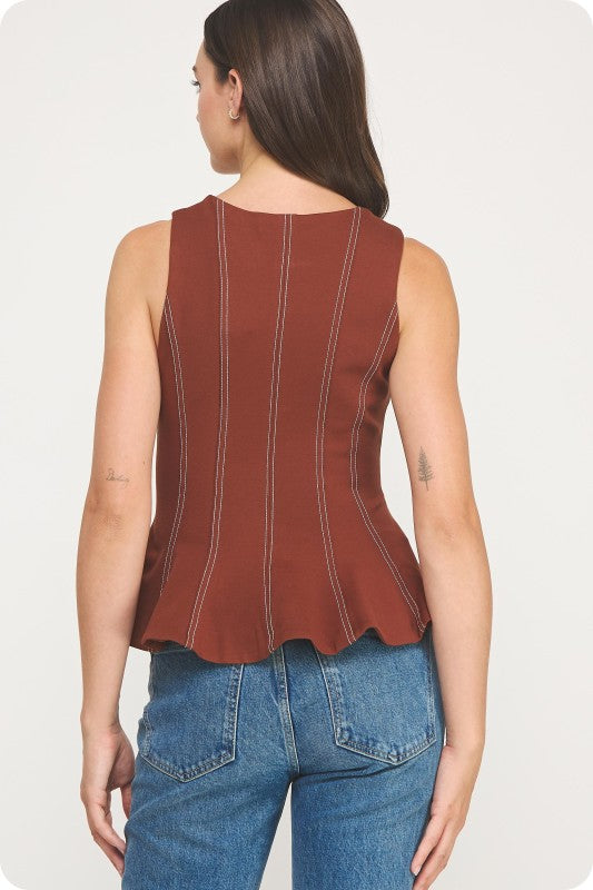 Brown Stitched Peplum Top