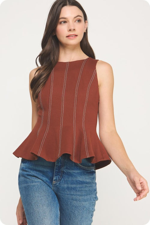 Brown Stitched Peplum Top