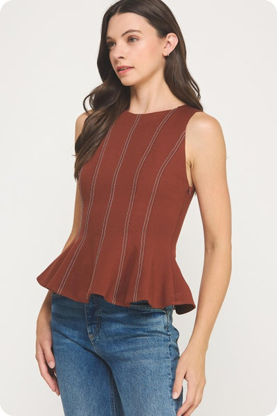 Brown Stitched Peplum Top