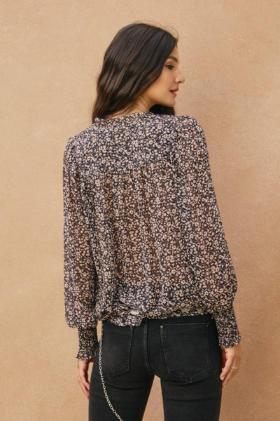Black Floral Print Ruffled Blouse
