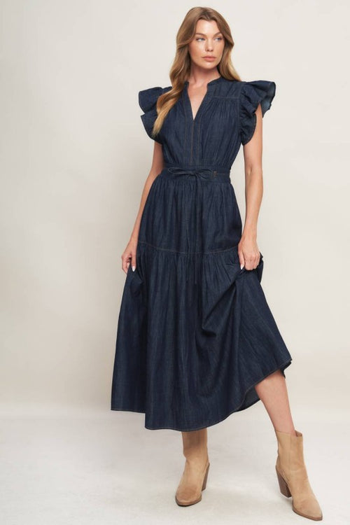 Ruffle Sleeve Lightweight Denim Dress