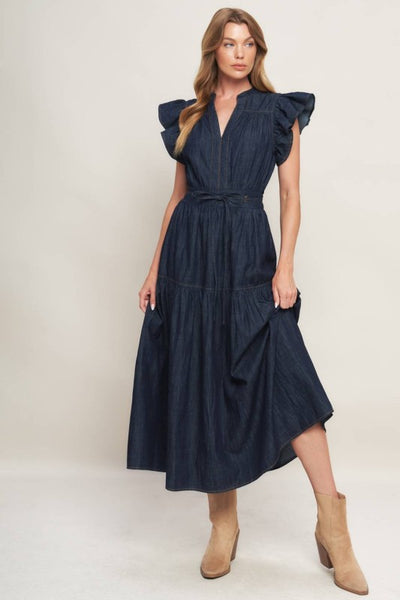 Ruffle Sleeve Lightweight Denim Dress