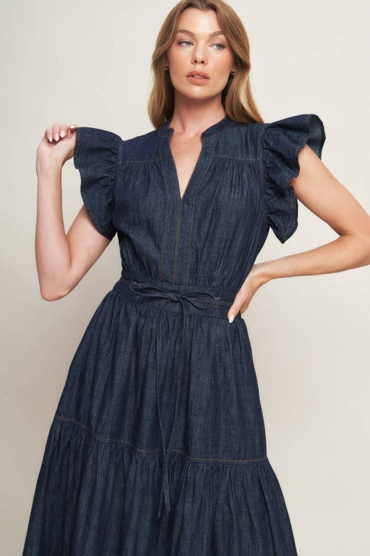 Ruffle Sleeve Lightweight Denim Dress