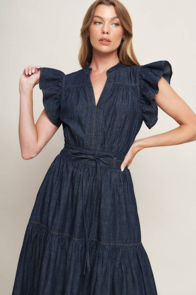 Ruffle Sleeve Lightweight Denim Dress