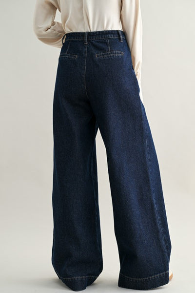 Mid-rise Pleated Wide Leg Denim Pants