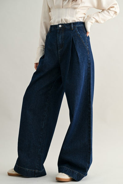 Mid-rise Pleated Wide Leg Denim Pants