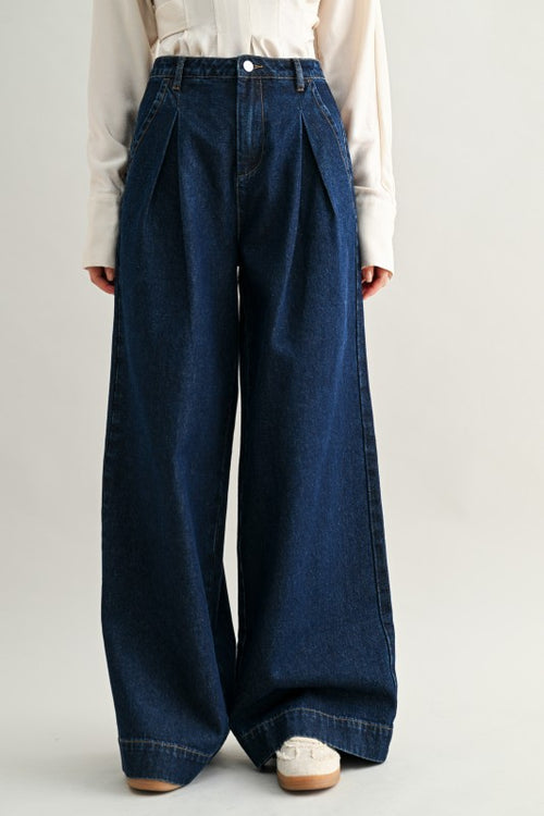 Mid-rise Pleated Wide Leg Denim Pants