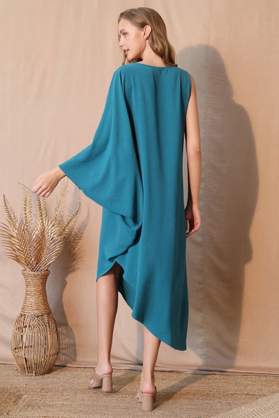 Teal Crepe One Sleeve Dress