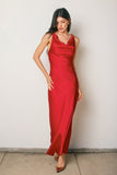 Red Satin Cowl Neck Maxi Dress