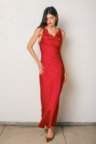 Red Satin Cowl Neck Maxi Dress