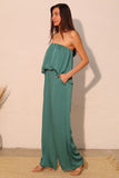 Forest Green Washed Poly Silk Strapless Bubble Jumpsuit