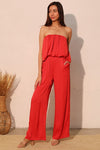 Red Washed Poly Silk Strapless Bubble Jumpsuit